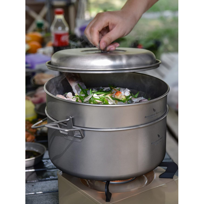 Титановая пароварка Суповая кастрюля Набор 4,5 л и 2 л На открытом воздухе Посуда для кемпинга Легкий пикник Пешие прогулки Подвесной горшок Портативный дорожный бытовая кухонная утварь Набор для приготовления пищи Горячий горшок для 3-5 человек (Ti2113C-