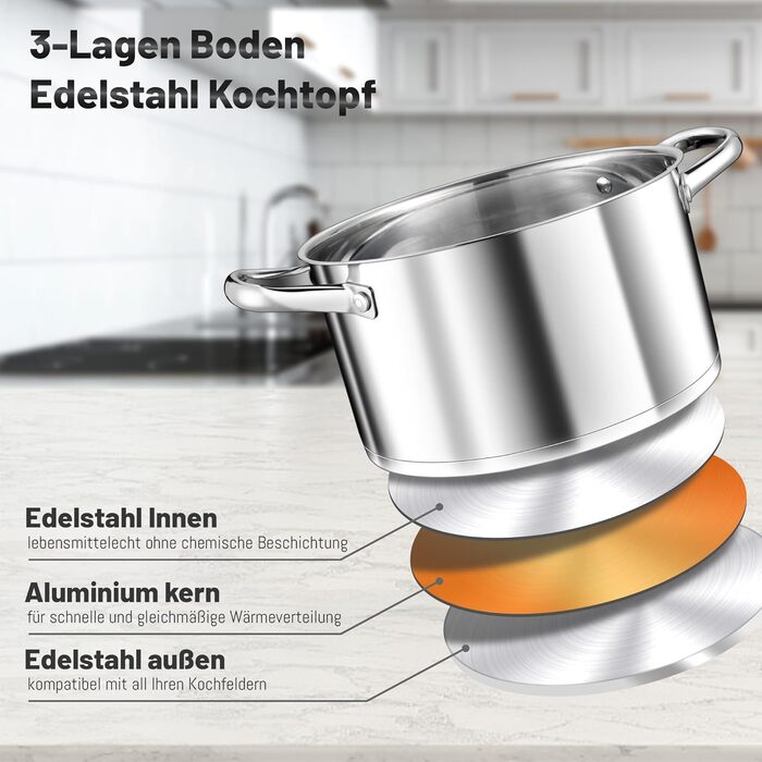 Каструля 7,6 л з нержавіючої сталі зі скляною кришкою 26 см TEAMFAR