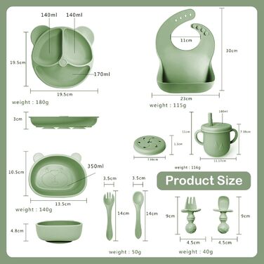 Силіконовий набір дитячого столового посуду Bizcasa з 9 предметів, нековзкий набір дитячого столового посуду, дитячий столовий посуд із присоскою, нековзна дитяча миска, дитяча тарілка, дитячий набір столових приборів для малюків, без BPA (темно-зелений)