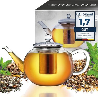 Скляний чайник Creano Glass Teapot з 3 частин із вбудованим ситечком з нержавіючої сталі та скляною кришкою, ідеально підходить для приготування сипучих чаїв, без крапель, моноблок (1,2 л)