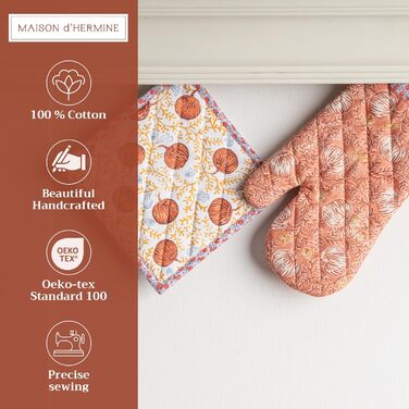 Рукавички для духовки, прихватки для каструль Maison d&39 Hermine, 100 бавовна, термостійкі кухонні рукавички, рукавички для духовки (19 x 33 см) та прихватки для каструль (20 x 20 см) для приготування їжі, Морзін - Рукавички для духовки (19 x 33 см) та п