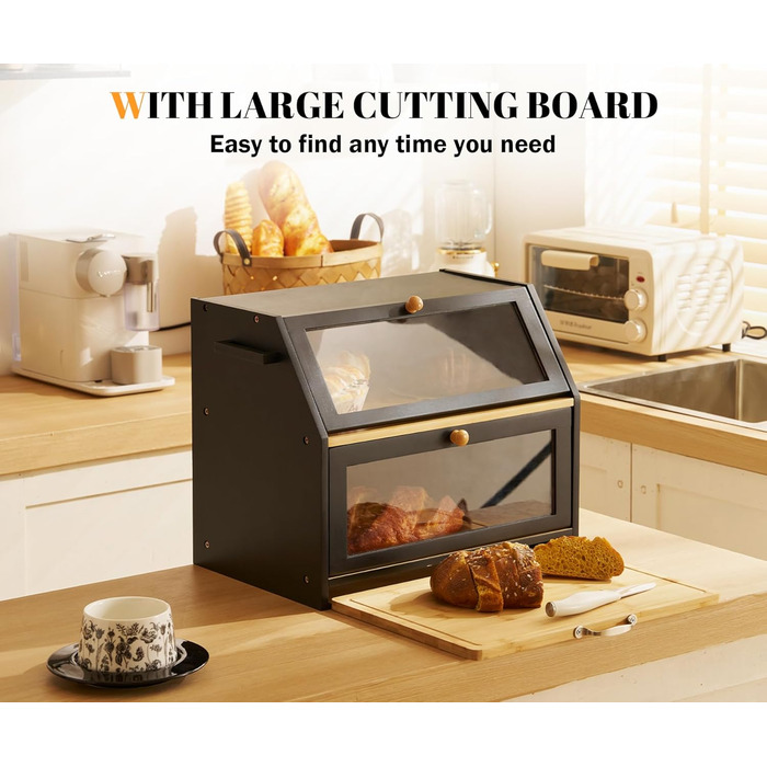 Хлібниця з обробною дошкою з бамбука чорна 39 x 26 x 32,5 см YOUDENOVA