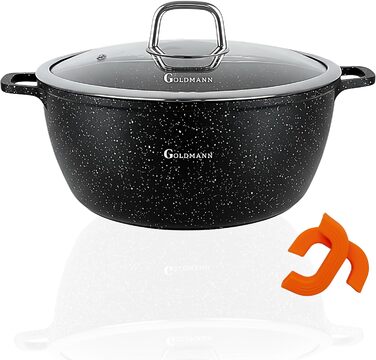 Каструля/горщик GOLDMANN з антипригарним покриттям та скляною кришкою, 6,5 л, мармурове керамічне покриття, для всіх варильних поверхонь, екологічно чиста (32 см)