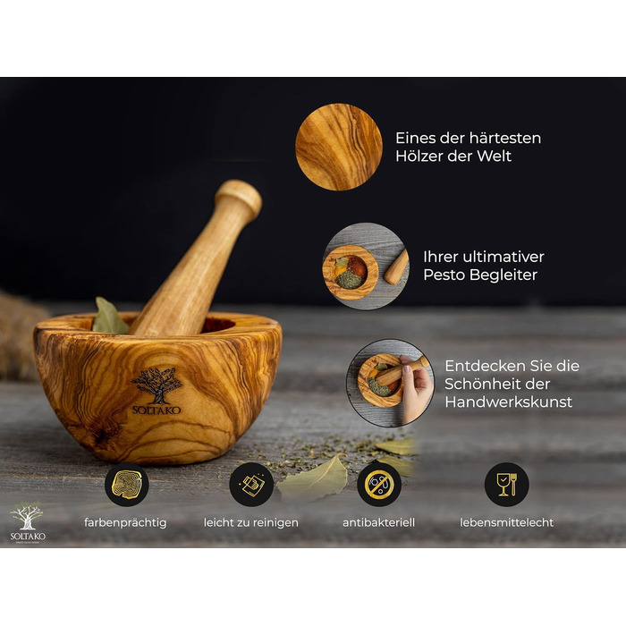 Оливковая ступка и набор пестиков - Ступка - Деревянная ступка - Экологичная ступка для трав и специй Диаметр ок. 12 см (в расплющенном виде Ø 14 см)