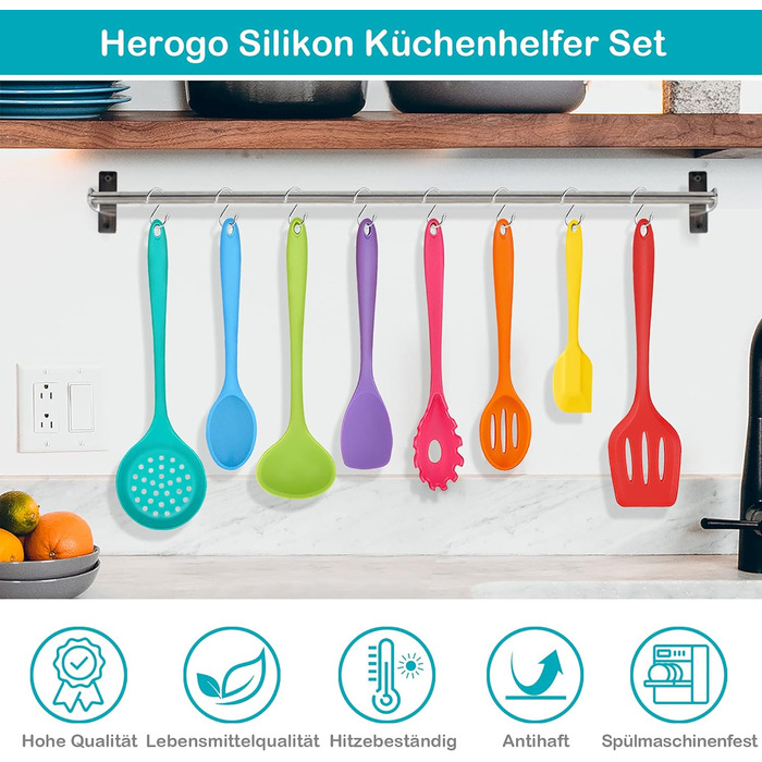 Набір кухонних гаджетів Herogo, набір силіконових столових приборів для приготування їжі з 8 предметів, антипригарний термостійкий набір кухонного посуду з силіконовою лопаткою/ложкою/перевертачем/ополоником - (барвистий)