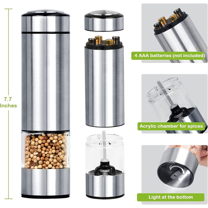 Млин для солі та перцю електричний, набір 2 предмети, нержавіюча сталь Innhom