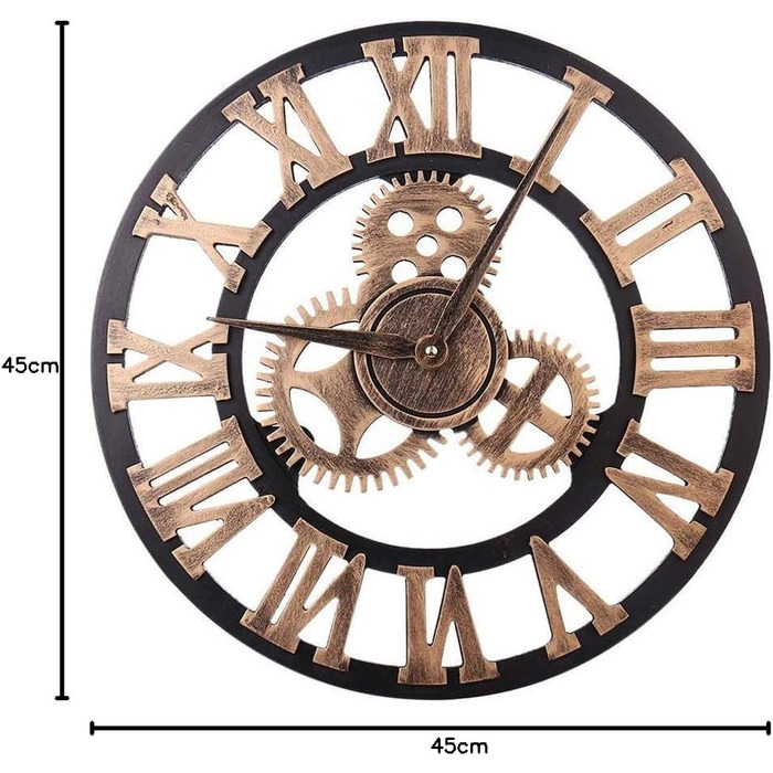 Великий круглий металевий настінний годинник у вінтажному стилі з безшумним нецокаючим годинником на батарейках 40 см, 16-дюймовий римський номер, годинники для вітальні, спальні, кухні, настінний годинник-прикраса (золота шестерня, 47 см)