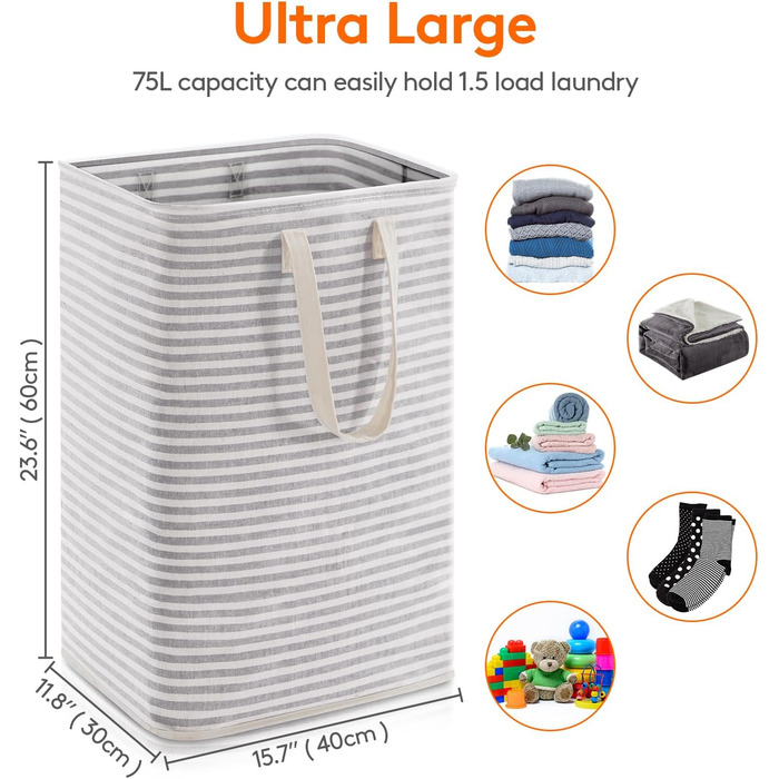 Кошик для білизни Lifewit 75 л, складний великий кошик для білизни з подовженими ручками для одягу, сірий, 2 упаковки сірий 75 л