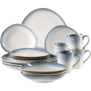 Сучасний набір посуду на 4 персони з унікальною формою та градієнтом кольорів від кремово-білого, 16 предметів у вінтажному вигляді, керамограніт (комбінований сервіз, синій), 931991, La Sinfonia