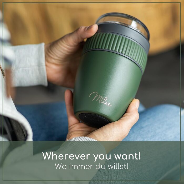 Стаканчик для пластівців Milu 400 мл з назвою MsliMax для йогурту герметичний стаканчик з ложкою (оливково-зелений, нержавіюча сталь)