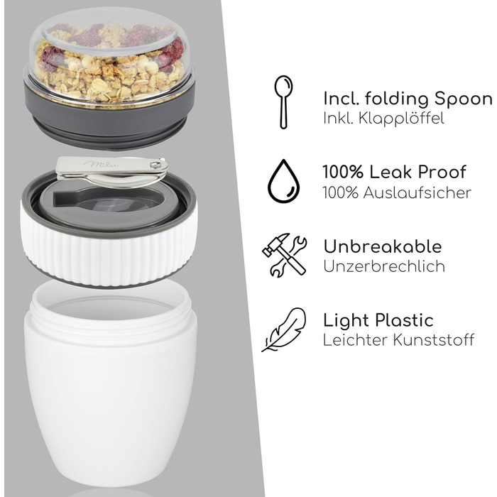 Стаканчик для пластівців Milu 400 мл з назвою MsliMax для йогурту герметичний стаканчик з ложкою (білий, пластиковий)
