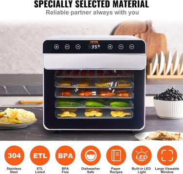 Дегідратор, контроль температури 30-90C, таймер від 0,5 до 48 годин, 700 Вт VEVOR