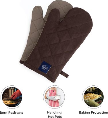 Рукавички Encasa Homes Extra Long для духовки та мікрохвильової печі (2 шт.) для використання на кухні - Силіконові, сріблясті, термостійкі - Захищають руки від гарячого обладнання - (12 x 6,6 дюйма, темно-сірий та бежевий)