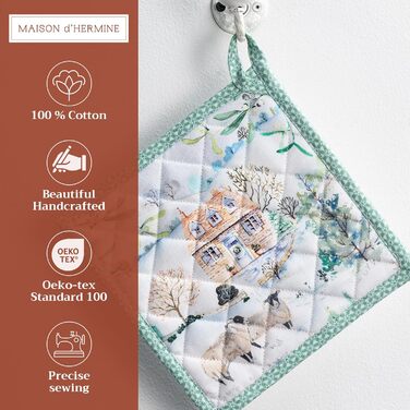 Рукавички для духовки Maison d&39 Hermine, підставки для каструль, 100 бавовна, термостійкі кухонні рукавички, рукавички для духовки (19 см x 33 см) та підставки для каструль (20 см x 20 см) для приготування їжі, Morzine - Рукавички для духовки на День по