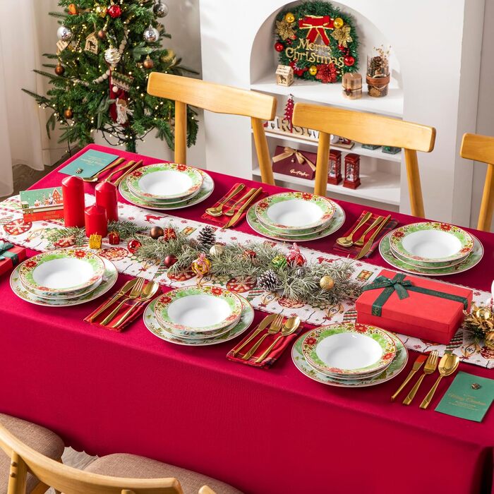 Серія 30-предметний порцеляновий різдвяний набір посуду для 6 осіб, різдвяний кавовий сервіз на 6 обідніх тарілок, 6 десертних тарілок, 6 супових тарілок, 6 кавових чашок та 6 блюдець (Різдвяний, 18-предметний обідній сервіз)