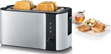 Автоматичний тостер SEVERIN з довгим слотом на 4 скибочки тостів, тостер з насадкою для булочки, високоякісний тостер з нержавіючої сталі з великими камерами для обсмажування та потужністю 1 400 Вт, матова нержавіюча сталь/чорний, AT 2590