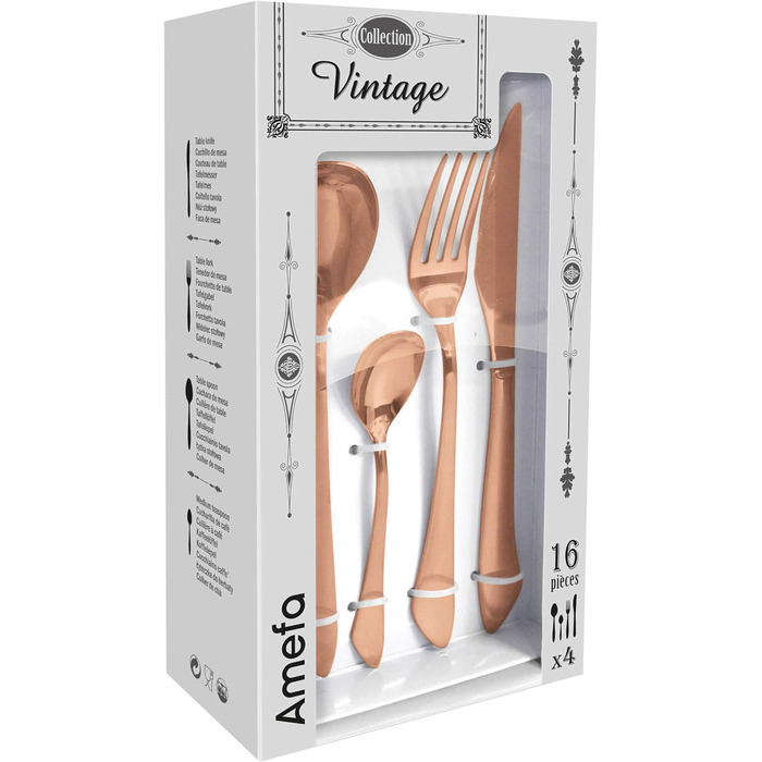 Набір столових приборів Amefa INSTINCT 4 персони Столові прибори PVD матові у вінтажному стилі Набір столових приборів 4 персони нержавіюча сталь 18/0 матова 4 шт. столова виделка, столовий ніж, столова ложка та чайна ложка (мідь, 16 шт. )