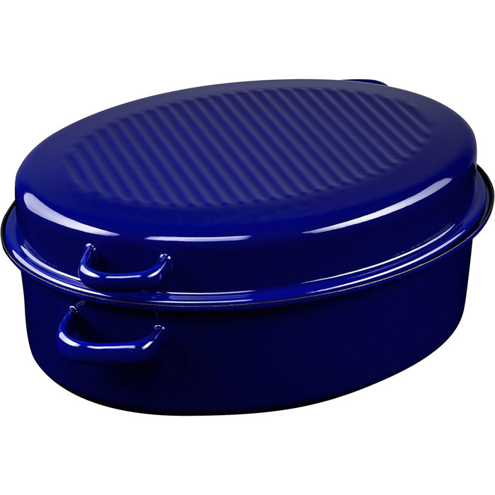 Жаровня для гуся овальная с крышкой, CLASSIC - СПЕЦИАЛЬНЫЕ ИЗДЕЛИЯ, диаметр (длинная сторона) 38 см, высота 17,5 см, обем 6,50 л, эмаль, синий снаружи, черный внутри, индукционный, 0160-012