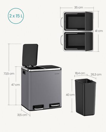 Кухонний кошик для сміття, 2 x 15 літрів, система розділення сміття, 2 відділення, включаючи 15 мішків для сміття, відро для сміття, відро для сміття на педалі, перероблені відходи, органічні відходи, кришка з мяким закриттям, LTB30BK (матово-сірий)