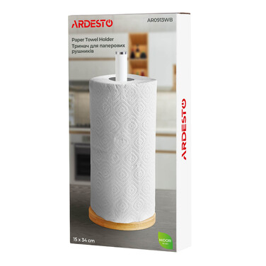 Держатель для бумажных полотенец Ardesto Midori 15х34см, металл, бамбук, белый