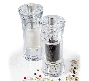 Набор мельниц для перца и соли Zassenhaus AACHEN, для самостоятельного наполнения, Ø 5,8 см H 14 см, акриловая емкость, керамическая мельница, мельница для специй, а также для других специй