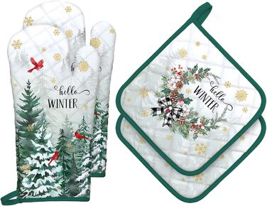 Набір з 2 різдвяних рукавичок для духовки та підставок для каструль Arquiel, 100 бавовняні кулінарні рукавички, термостійкі кухонні рукавички для приготування їжі, різдвяні подарунки на кухню для жінок (лісова ялинка, рукавички для духовки*2 підставки для
