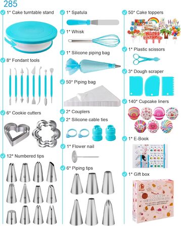 Набір аксесуарів для торта Nifogo, 356 предметів, аксесуари для випічки, аксесуари для декорування тортів з обертовою підставкою, кондитерські мішки, кондитерські насадки, шпателі для початківців (285 шт., сині)