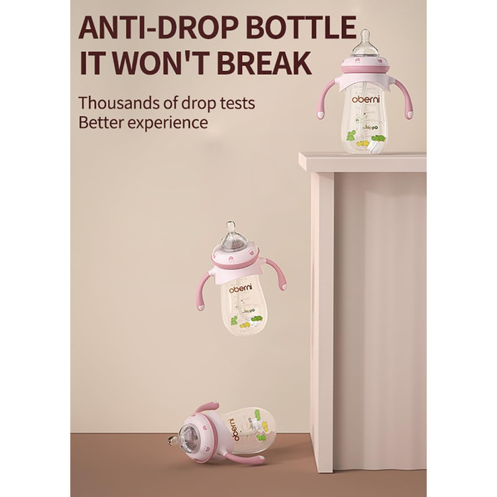 Пляшечки дитячі 270мл з соскою NaturalWave для новонароджених від 12 місяців, антиколікова пляшечка для молока з обтяженою соломинкою без повітря, ручки, (рожеві, 3 шт.)