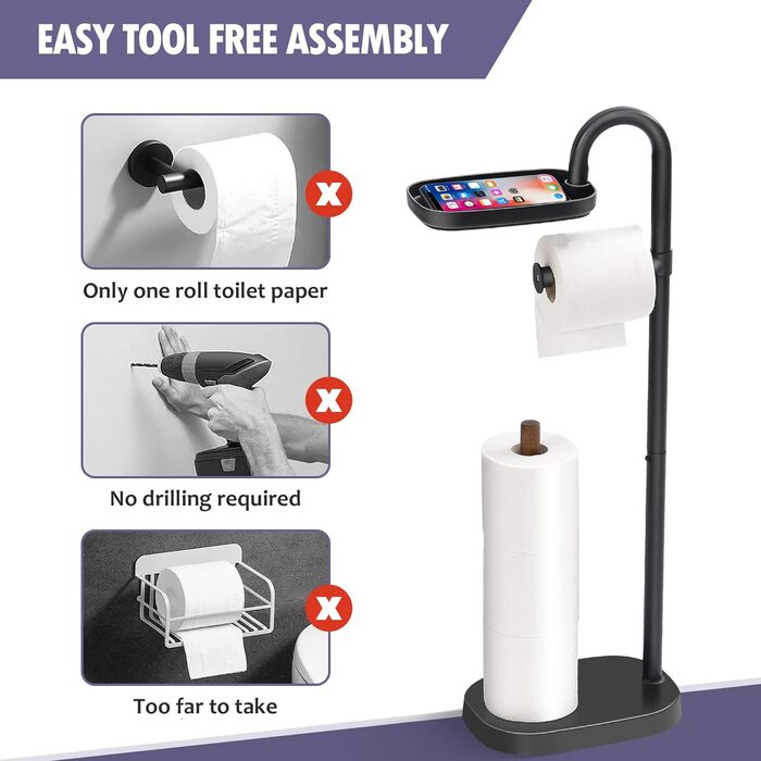 Держатель бумаги APEXCHASER,Держатель для туалетной бумаги,Отдельно стоящий держатель для туалетной бумаги,Держатель для туалетной бумаги с лотком без сверления,Деревянный держатель для туалетной бумаги,Сменный держатель рулона из нержавеющей стали для ту