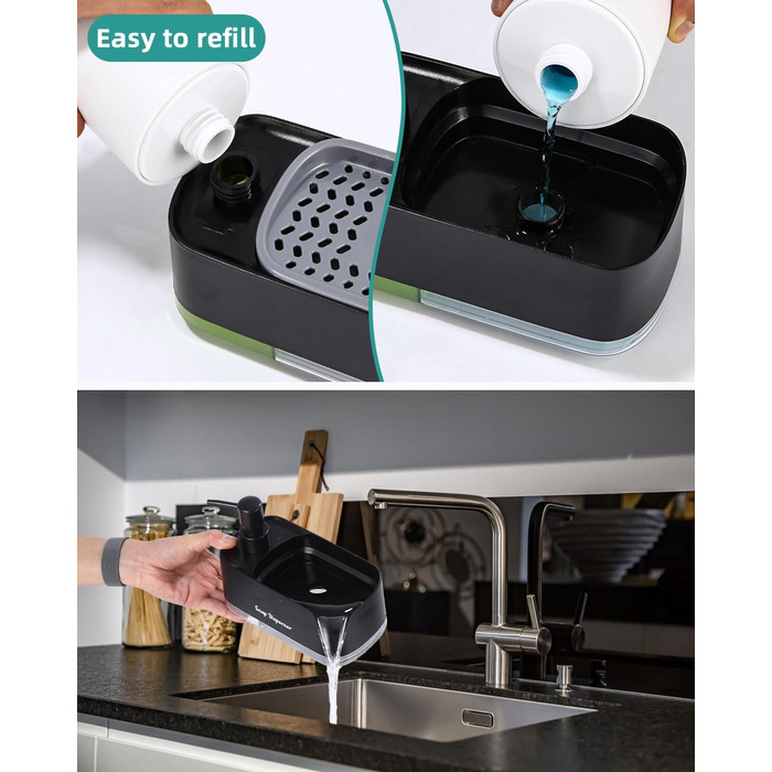 Кухонний набір з дозатором рідини для миття посуду, кухонний дозатор для мила з лотком і тримачем для губки, засіб для миття багаторазового використання, підходить для кухонної мийки (дозатор для мила 3 в 1 чорний)