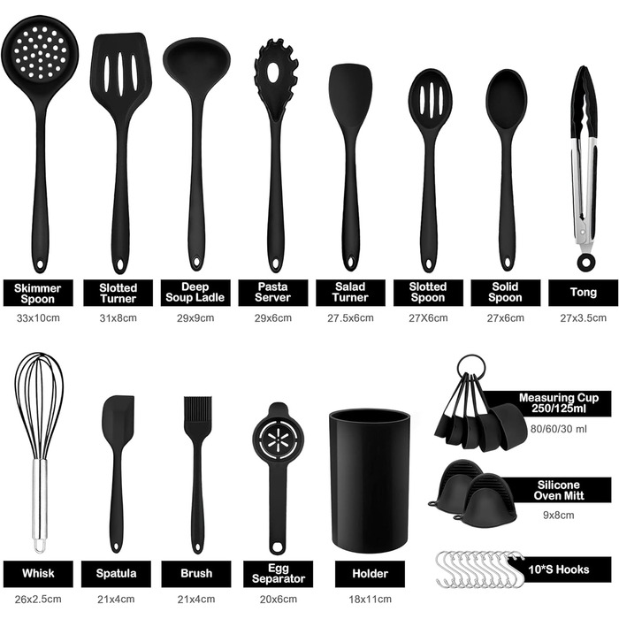 Силиконовый Набор Кухонных Гаджетов, 30 Предметов Кухонная Утварь С Держателем, Термостойкий Набор Кухонных Инструментов Для Антипригарной Посуды Сковороды, Шпатели, Щипцы 10 Крючков, Сейф Для Посудомоечной Машины - Черный