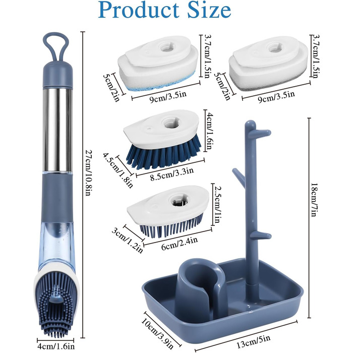 Щетка для посуды с дозатором для моющего средства с 4 сменными головками и держателем LEAZZLE
