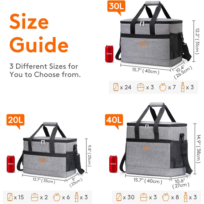 Сумка-холодильник Lifewit, сумка для пікніка, сумка для обіду, сумка для обіду, термосумка, ізольована сумка для транспортування їжі (сіра, 20 л)