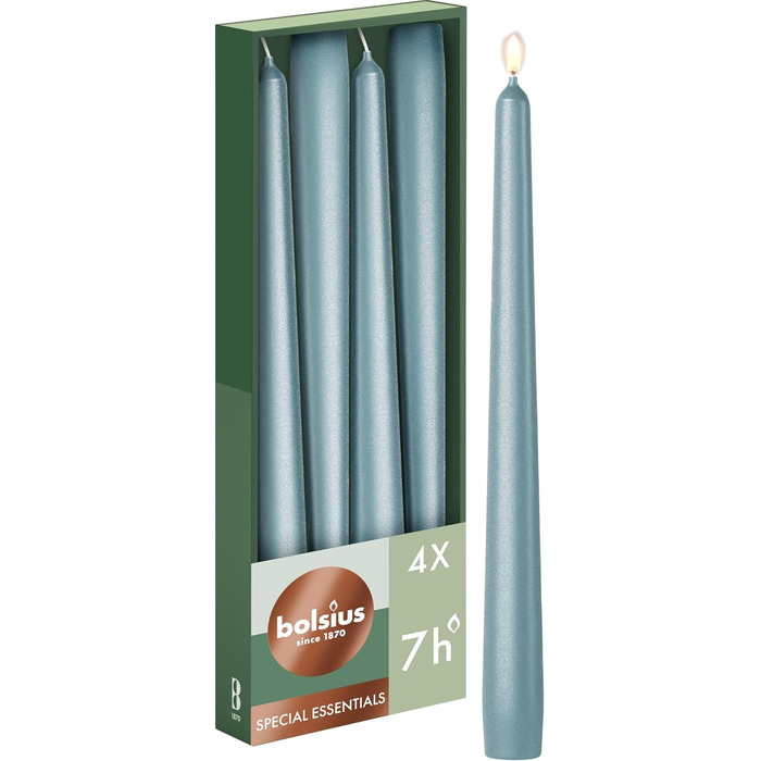 Свічки Bolsius Smooth Taper - Зелені - Набір з 4 шт. у коробці - Декоративні побутові свічки - Час горіння 7 годин - Без запаху - Натуральний рослинний віск - Без пальмової олії - 24,5 см Зелені 4 шт. и (Металево-сині, 4 шт. и)