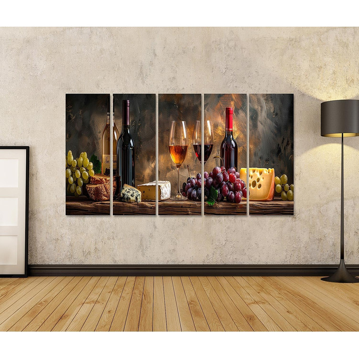 Друк на полотні Сільський натюрморт з пляшками вина, келихами, виноградом, сиром, хлібом на дерев&39яному столі Картини Настінний художній постер (полотно 160x80 см - 5 частин XXL)