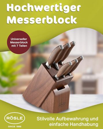 Блок ножів RSLE Basic Line - Високоякісний 6-предметний бамбуковий блок ножів з 5 кухонними ножами, набором гострих ножів зі спеціальної сталі та ергономічними ручками. Базовий 6-предметний блок ножів (7-предметний блок ножів Passion)