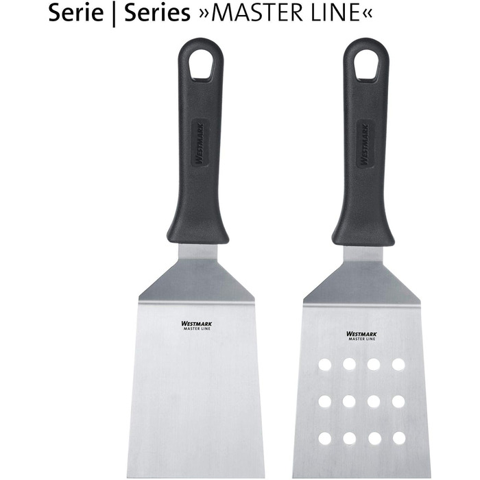 Набір Westmark, 2 шт. 2 професійні токарі/лопатки для гриля (кутові, жорсткі) з перфорованим та закритим лезом, нержавіюча сталь/пластик, Master Line, чорний/сріблястий, 134422E6, 29 см (перфоровані)