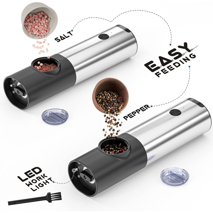 Млин для солі та перцю електричний з базою, що заряджається, 2 предмети, чорний/металік Littneo