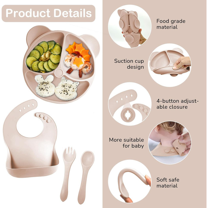 Набір дитячого посуду із силікону, 9 предметів, бежевий Bizcasa