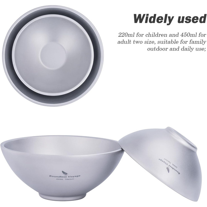 Безграничный Вояж Титановая Чаша С Двойными Стенками Для Взрослых Детей На Открытом Воздухе Кемпинг Посуда На Открытом Воздухе Миска Титановый Рис Миска (450мл-ti15148b.)