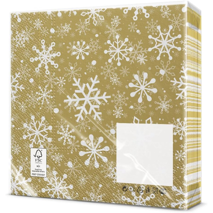 Серветки 3-шарові (33 x 33 см) I 20 шт. I Різнокольорові паперові серветки, ідеальні для різдвяного столу I Серветки - Різдво, зима, зірки, сніг, сніговики I (Подвійний дизайн різдвяних сніжинок, золотистий)