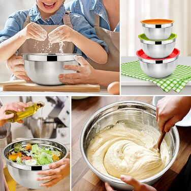 Набір мисок для змішування Herogo з 3 шт. , гніздова миска з нержавіючої сталі з герметичними кришками, металеві миски для подачі салату для запікання, нетоксичні та нержавіючі, придатні для миття в посудомийній машині (4.5/2.7/1.5 QT) (різнокольорові)