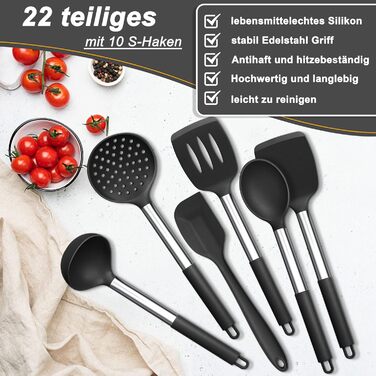 Набір силіконових кухонних гаджетів Herogo, набір столових приборів для приготування чорного кухонного посуду з 22 предметів із тримачем для посуду, термостійке кухонне начиння з ручкою з нержавіючої сталі, антипригарне та здорове