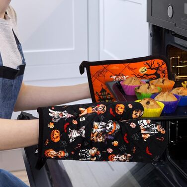 Різдвяний набір із 2 рукавичок для духовки та підставок для каструль Arquiel, 100 бавовняні кулінарні рукавички, термостійкі кухонні рукавички для приготування їжі, різдвяні подарунки на кухню для жінок (Хелловін 02, рукавички для духовки підставки для ка