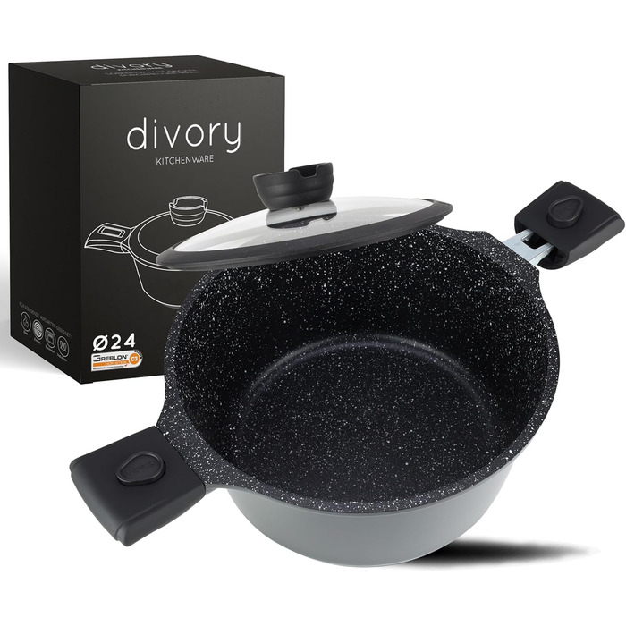 Кастрюля 24 см со съемными ручками и крышкой, черная DIVORY