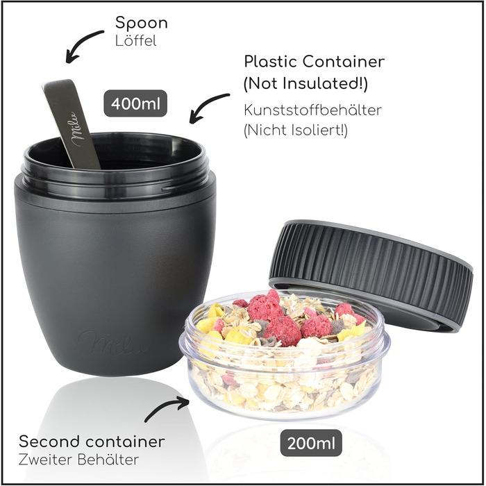 Стаканчик для пластівців Milu 400 мл з назвою MsliMax для йогурту герметичний стаканчик з ложкою (чорний, пластиковий)