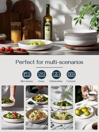 Набор из 4 керамических тарелок с высоким ободком 8,5 дюйма, десертные тарелки для тортов, закусок, обедов, бутербродов, набор посуды для свадьбы, вечеринки - (9,75 дюйма 26 см, ванильно-белый)