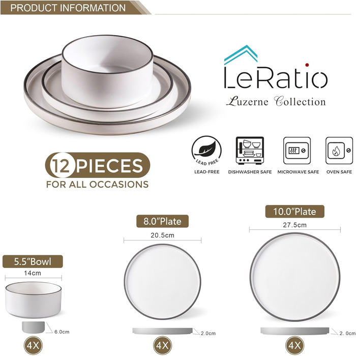 Набір посуду LeRatio для 6 осіб, набір керамічного посуду з 18 предметів, керамічна миска та тарілка, стійкі до подряпин (набір з 12 предметів, білий димчасто-чорний обідок)