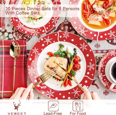 Серія 30-предметний порцеляновий різдвяний набір посуду на 6 осіб, різдвяний кавовий сервіз на 6 обідніх тарілок, 6 десертних тарілок, 6 супових тарілок, 6 кавових чашок та 6 блюдець (Санта Клаус-1, обідній сервіз на 30 предметів)