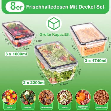 Набір Kottwca, набір Tupperware із 30 предметів (15 контейнерів 15 кришок), кухонні коробки для приготування їжі, 100 герметичні, без бісфенолу А, контейнер для зберігання продуктів для мікрохвильової печі та холодильника (набір з 8 великої місткості)